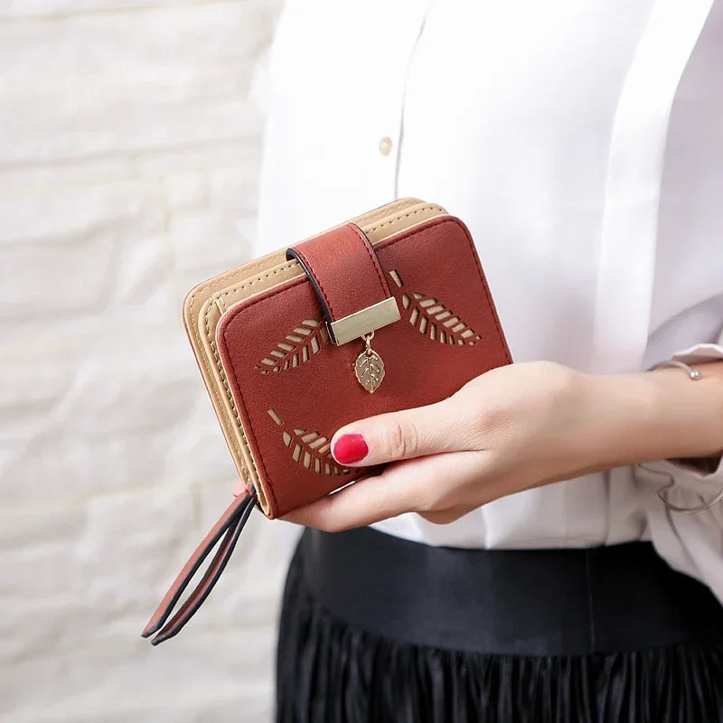 Fashion Women's Purse Short Zipper Wallet Women Leather 2024 Luxury Brand Small Women Wallets Clutch Bag With Hollow Out Leaves