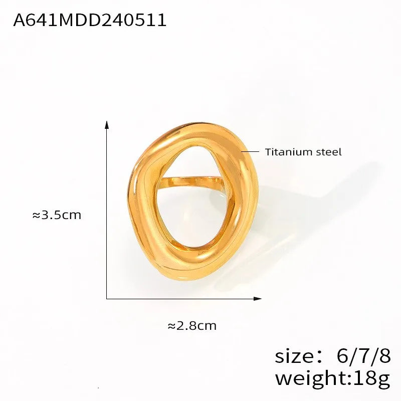 316L Stainless Steel Gold Plated Big Ring for Women Oval Hollow Personality Ring Female Luxury Waterproof Jewelry