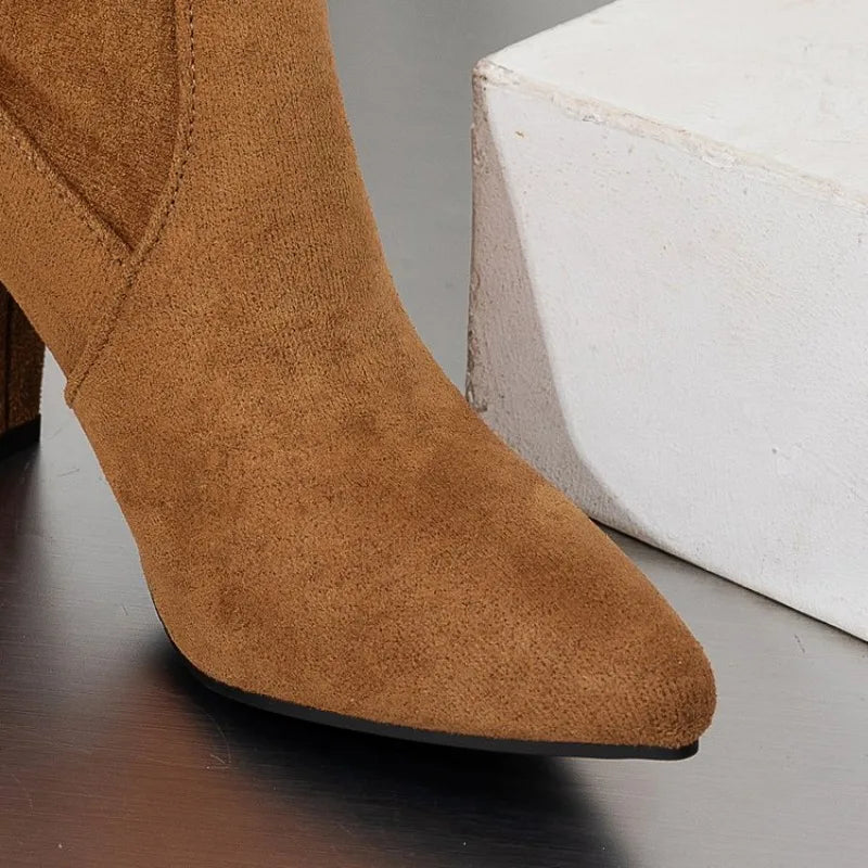 Pointed Toe Pleated Boots for Women 2025 Hot Sale Chunky Heels Flock Folding Knee High Boots Party Comfy Women Shoes Big Size 43