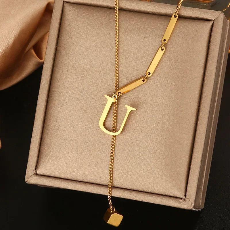Stainless Steel Necklaces New Popular M Letter Pendants Tassel Zircon Fine Choker Chain Fashion Necklace for Women Jewelry Gift