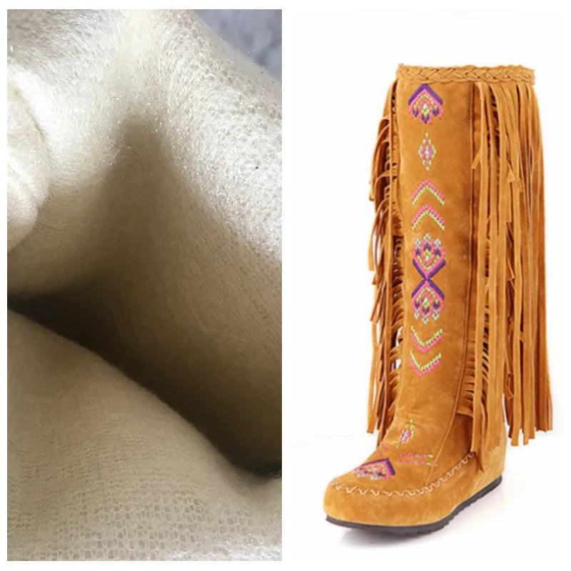 REAVE CAT Fashion Nation Flock Leather Women Fringe Flat Heels Long Boots Spring Autumn Tassel Knee High Boots
