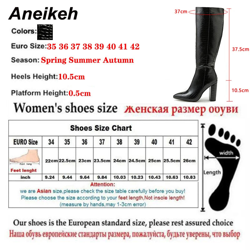 Aneikeh Pointed Thick Heels Knee Long Boots Women's 2024 Spring/Autumn Patent Leather Crocodile Pattern Panel Side Zipper Boots
