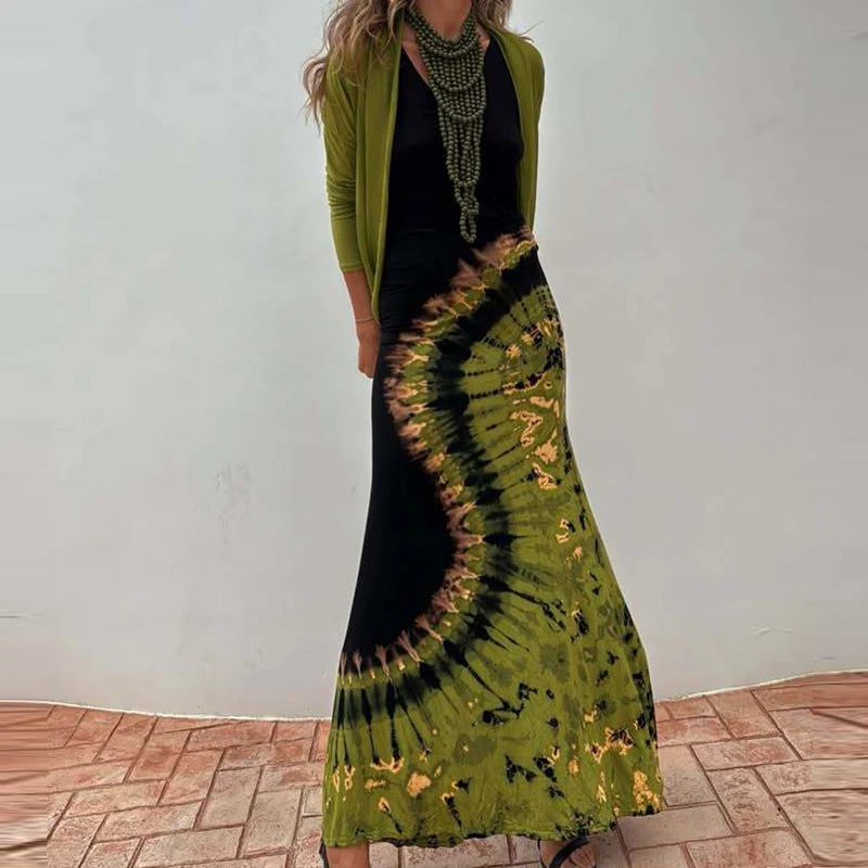 Vintage Printed High Waist Summer Robe Dress Women O-neck Hollowed Out Sleeveless Holiday Dress Casual Backless Beach Long Dress