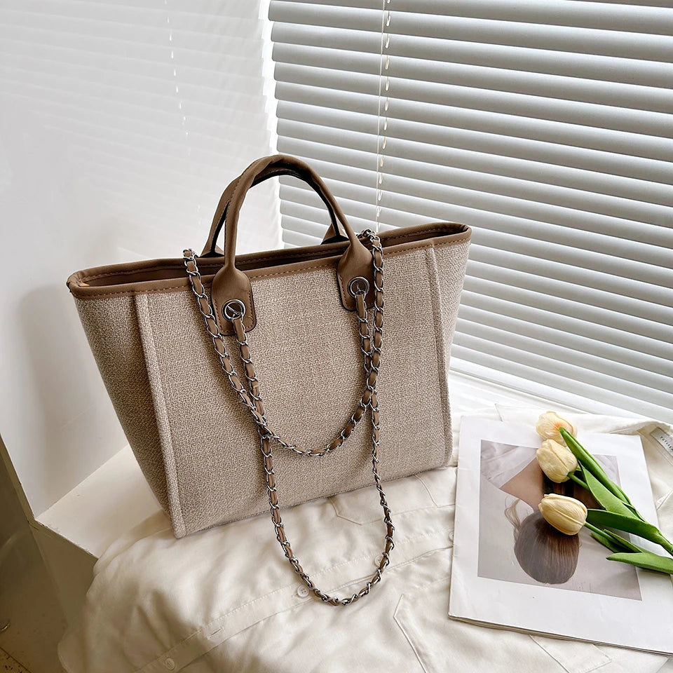 New Fashion Simple Canvas Material Chain Bag Large Capacity Chain Zipper Women's Shoulder Bag Tote Bag For Commuter Shopping