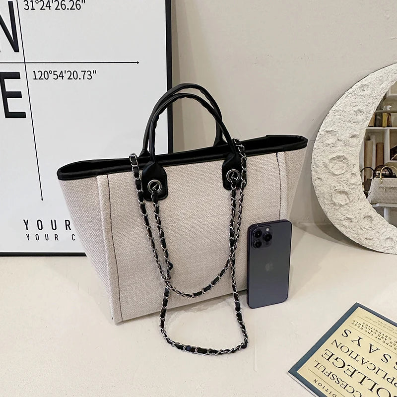 New Fashion Simple Canvas Material Chain Bag Large Capacity Chain Zipper Women's Shoulder Bag Tote Bag For Commuter Shopping
