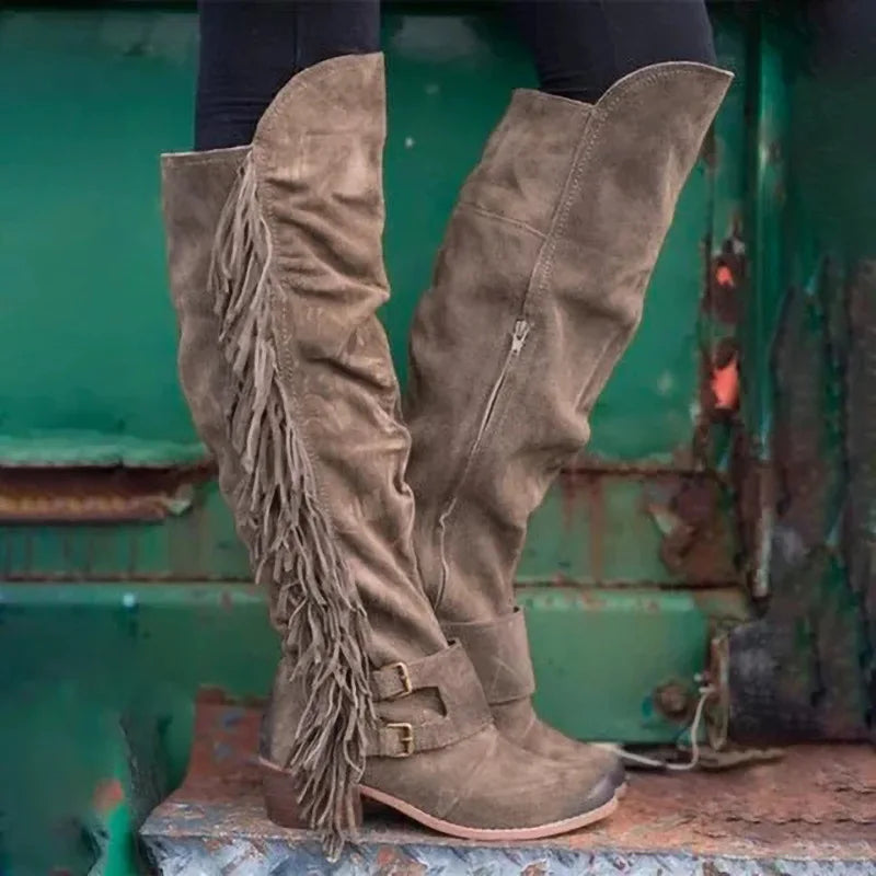 Winter new style long boots with thick heels and large sizes, long tassel boots for women