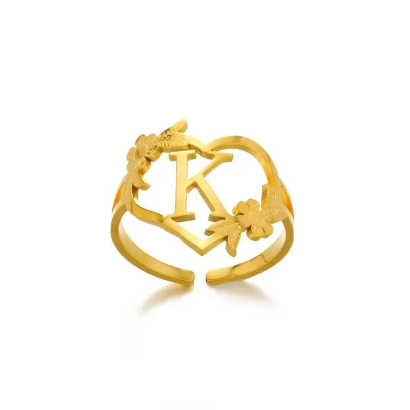 A-Z Ring Initials Flower Heart Rings Stainless Steel Gold Colour Rings for Women Adjustable Simple Opening Couple Rings Jewelry