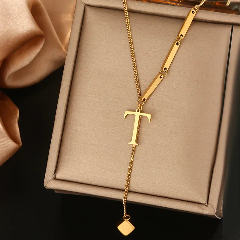 Stainless Steel Necklaces New Popular M Letter Pendants Tassel Zircon Fine Choker Chain Fashion Necklace for Women Jewelry Gift