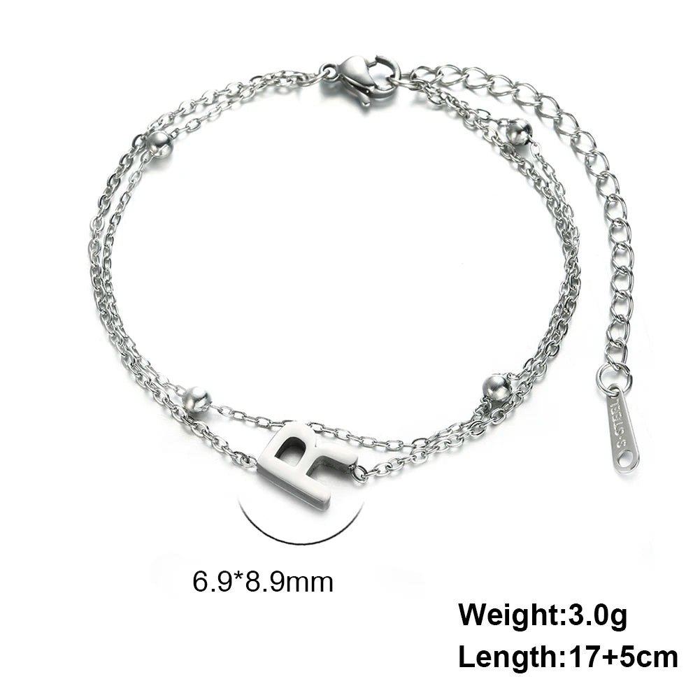 Letter A-Z Pendant Bracelet Stainless Steel Elegant Women's Double Layer Bead Chain Fashion Personalized Name Initial Bracelet J