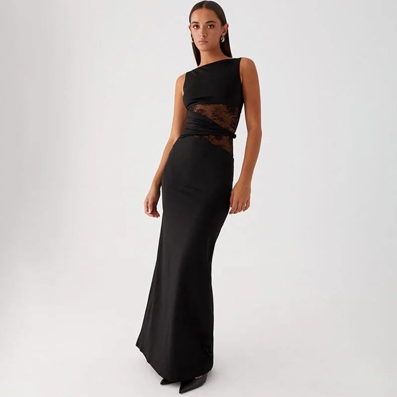 Apprabant Women Lace Splicing Solid Color Vestido Round Neck Sleeveless Semi Transparent Hollow Out Twisted Waistband Dress