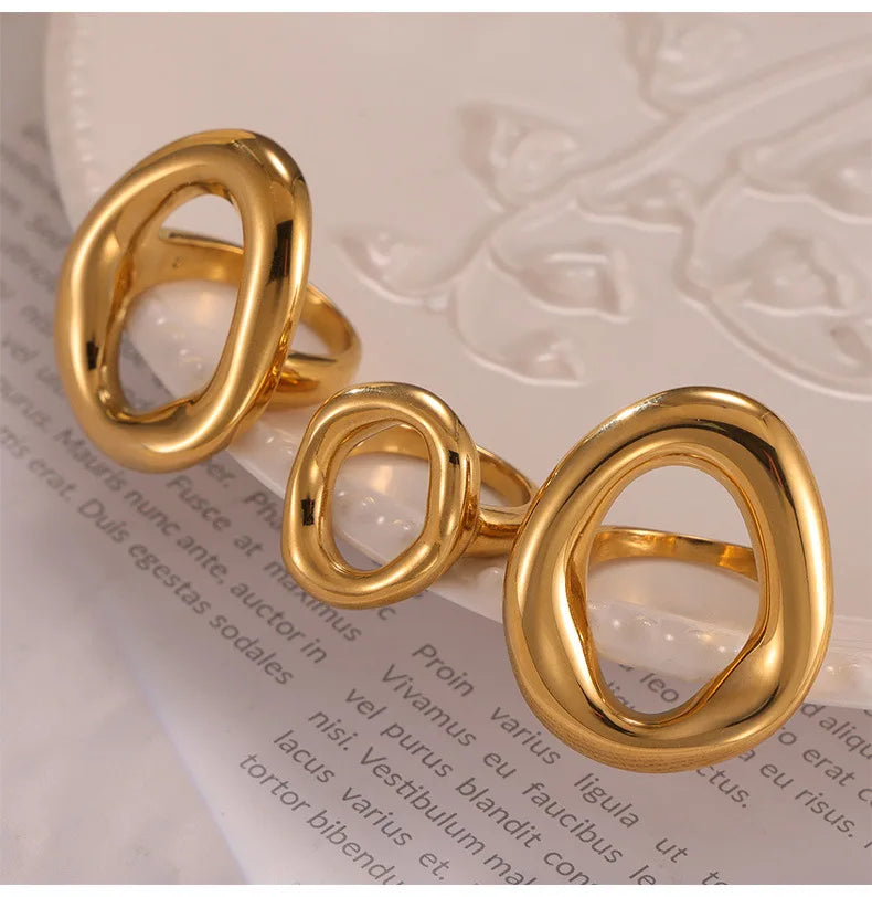 316L Stainless Steel Gold Plated Big Ring for Women Oval Hollow Personality Ring Female Luxury Waterproof Jewelry