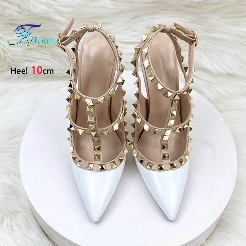 2024 New Fashion Rivet Strap Sandals For Women 8CM 10CM 12CM High Heels Summer Party Shoes White Roman Stiletto Pumps Size 34-46