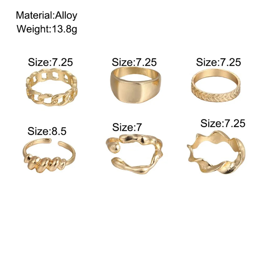 Mixed Vintage Gold Color Metal Rings Set for Women Fashion Geometric Irregular Hollow Spiral Chain Knuckle Finger Ring Jewelry