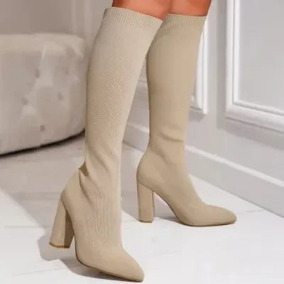 New Autumn Winter Pointed Toe Thick High-heeled Knitted Knee-high Boots Women's Elastic Wool Socks Shoes Chaussettes Et Bottes