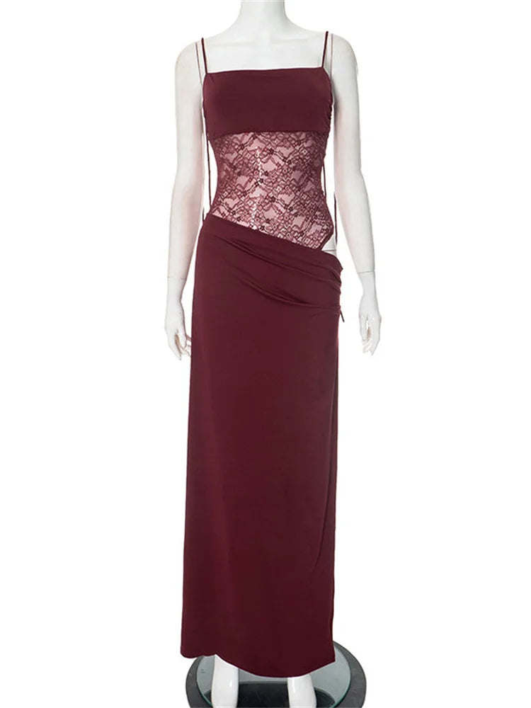 Tossy Lace Printed Halter Dresses Female Backless Slim High Waist Drawstring Fashion Patchwork Party Dress Women's Long Dress