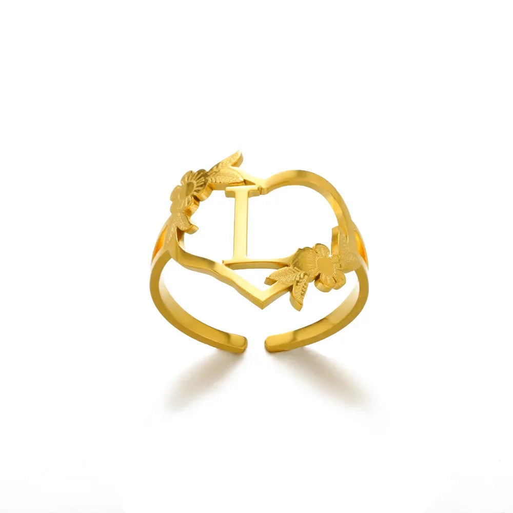 A-Z Ring Initials Flower Heart Rings Stainless Steel Gold Colour Rings for Women Adjustable Simple Opening Couple Rings Jewelry