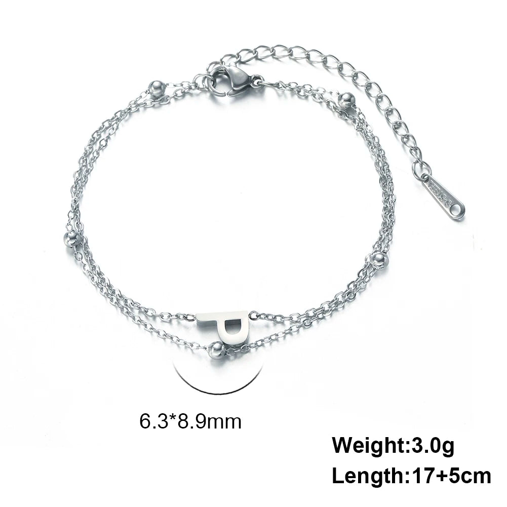 Letter A-Z Pendant Bracelet Stainless Steel Elegant Women's Double Layer Bead Chain Fashion Personalized Name Initial Bracelet J