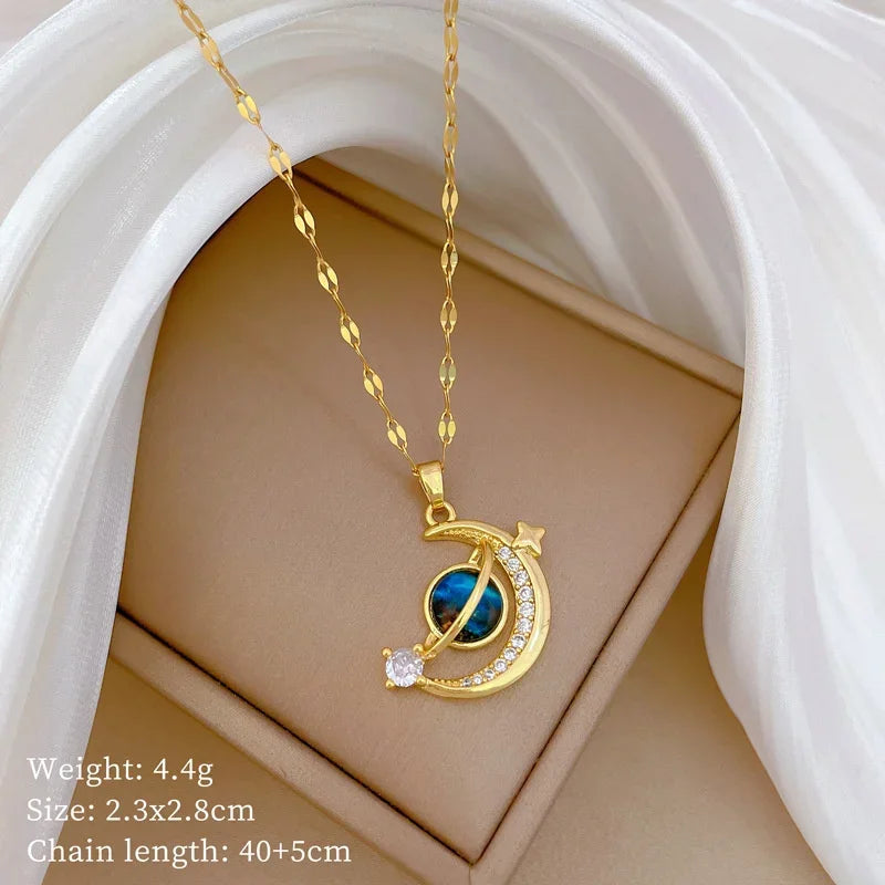 Luxury Inlaid Zircon Planet Moon Pendant Necklace for Women Fashion Star Water Drop Clavicle Chain Charm Jewelry Gift