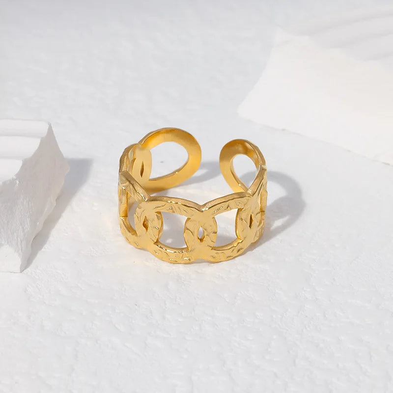 Stainless Steel Rings For Women Hollow Out Gold Color Temperament Personality Fashion Female Trendy Resizable Opening Rings