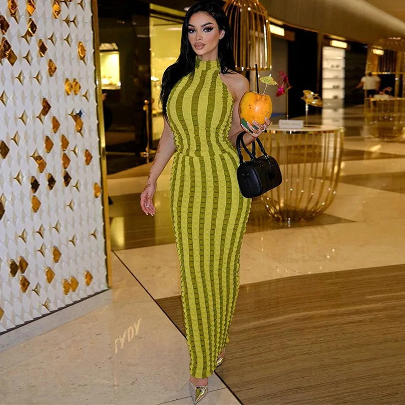 Hugcitar Patchwork Sexy Y2K Clothes Sleeveless Backless Halter Ruched Bodycon Maxi Dresses For Women Club Birthday Party Outfits