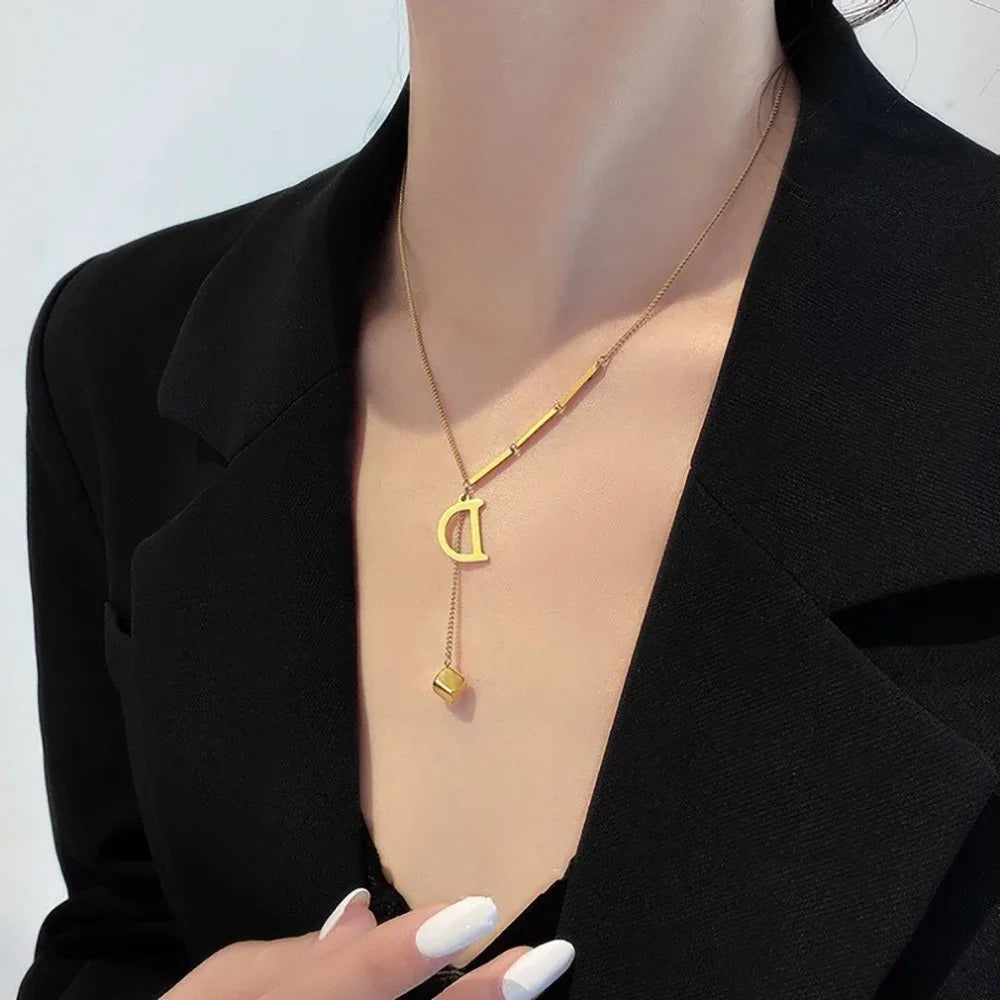 Stainless Steel Necklaces New Popular M Letter Pendants Tassel Zircon Fine Choker Chain Fashion Necklace for Women Jewelry Gift