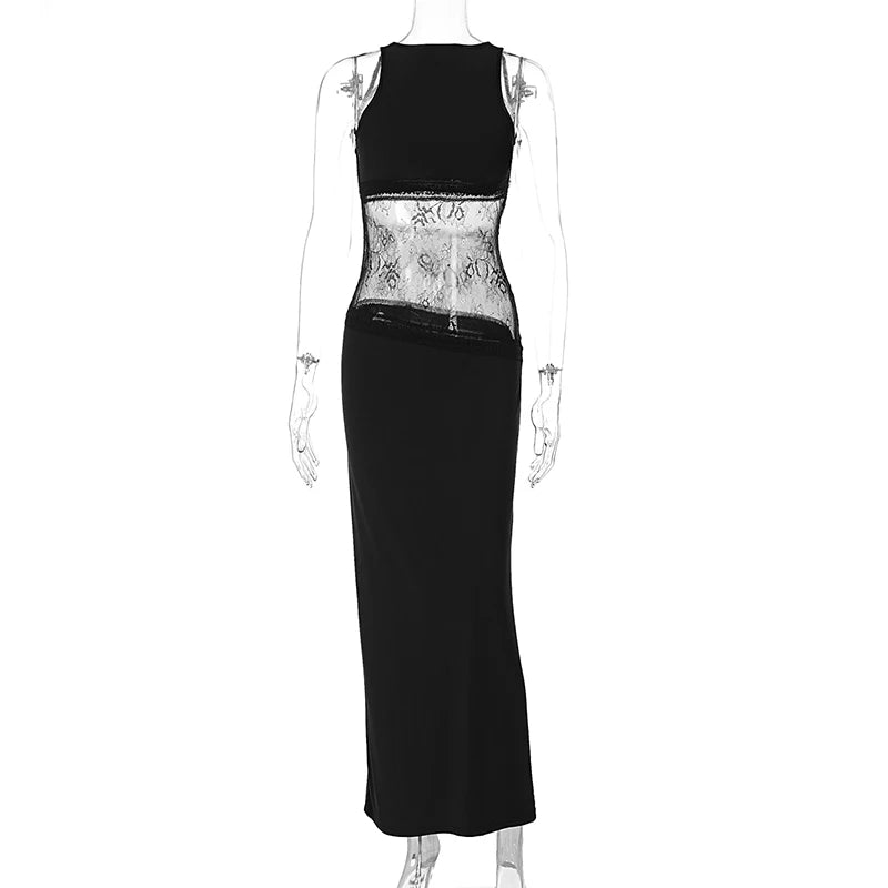 DGLUKE Black Sleeveless Long Dress Women Transparent Lace Patchwork Sexy Maxi Dress Backless Bodycon Club Party Dress