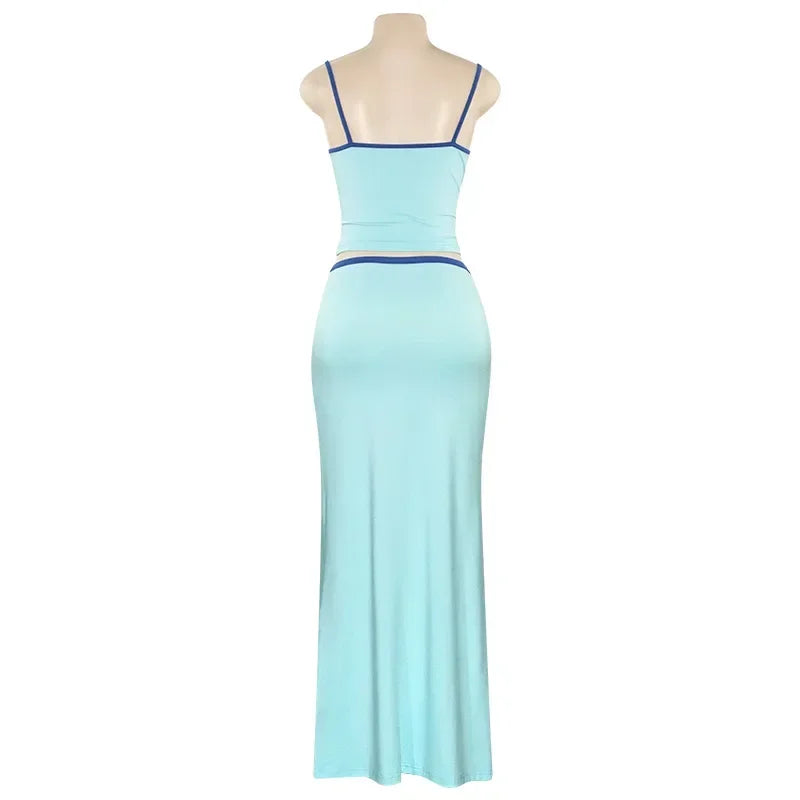 Blue High Waist Skirt Sets for Women Spaghetti Strap Crop Top and Long Skirt Outfits Summer Elegant Casual Holiday Two Piece Set