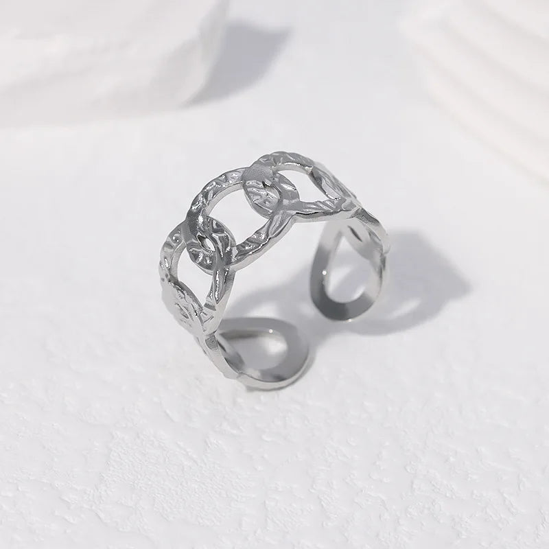 Stainless Steel Rings For Women Hollow Out Gold Color Temperament Personality Fashion Female Trendy Resizable Opening Rings