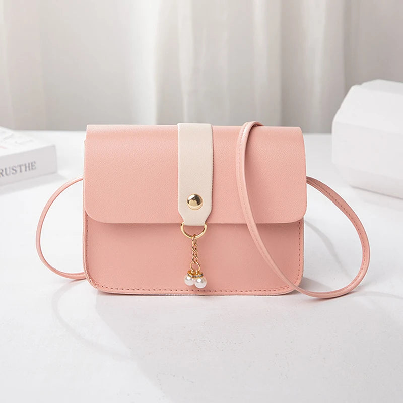 Contrast Women Shoulder Bag Simple Pearl Pendant Luxury Designer Handbag Messenger Bag Small Square Crossbody Mobile Phone Purse