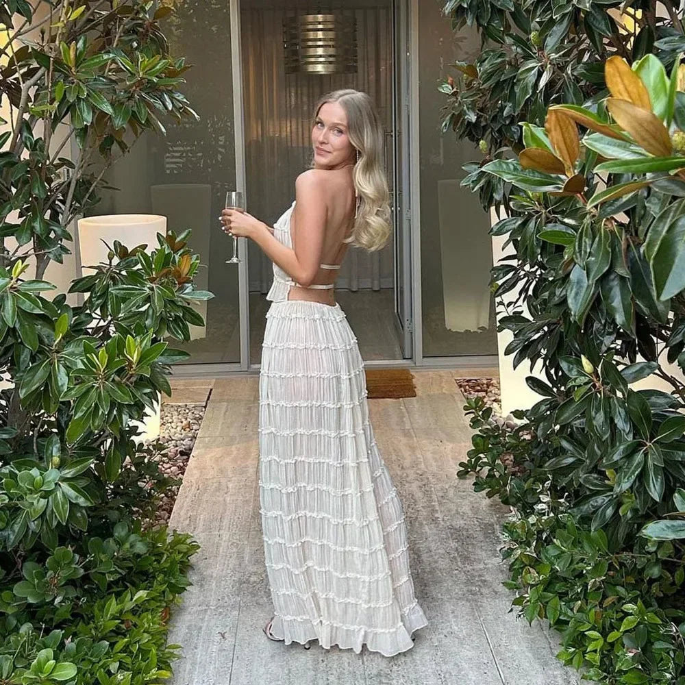 Halter Neck Long Skirt Women Sling Top Elegant Lace Up Fold Maxi Skirts Summer Pleated Sleeveless Backless Tops 2pcs Outfits