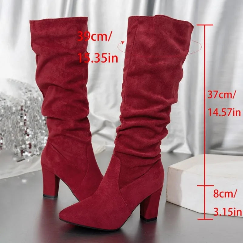 Pointed Toe Pleated Boots for Women 2025 Hot Sale Chunky Heels Flock Folding Knee High Boots Party Comfy Women Shoes Big Size 43