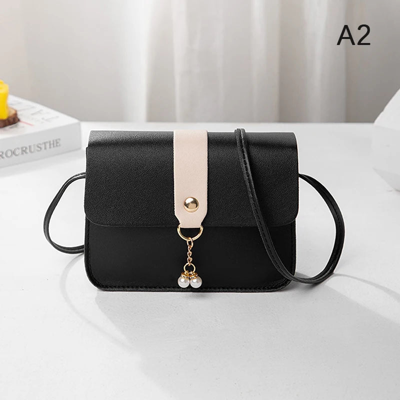 Contrast Women Shoulder Bag Simple Pearl Pendant Luxury Designer Handbag Messenger Bag Small Square Crossbody Mobile Phone Purse