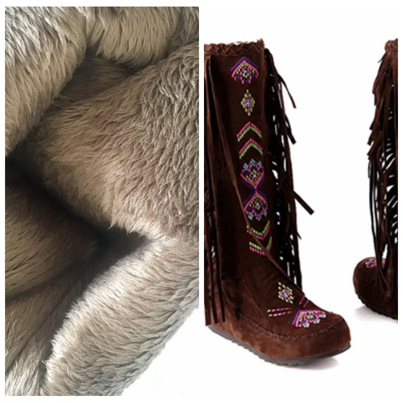 REAVE CAT Fashion Nation Flock Leather Women Fringe Flat Heels Long Boots Spring Autumn Tassel Knee High Boots
