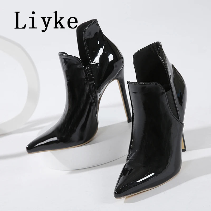 Liyke High Quality Patent Leather Pointed Toe Zip Ankle Boots For Women Spring Autumn Heels Pumps Sexy Party Club Stripper Shoes