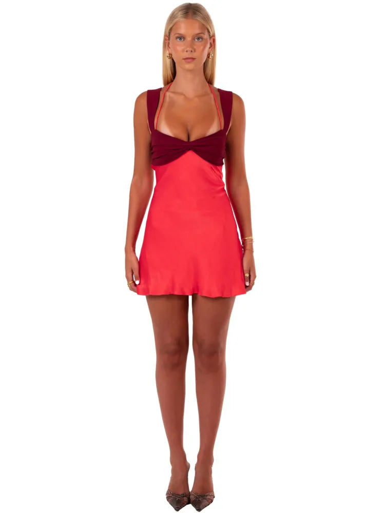 Mozision Patchwork Sleeveless Sexy Mini Dress For Women Robe Satin Strapless Backless Lace-up High Waist A-line Club Dress