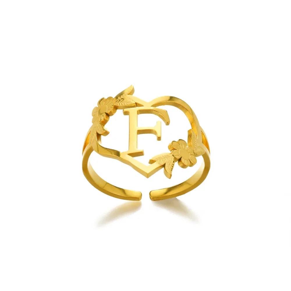 A-Z Ring Initials Flower Heart Rings Stainless Steel Gold Colour Rings for Women Adjustable Simple Opening Couple Rings Jewelry