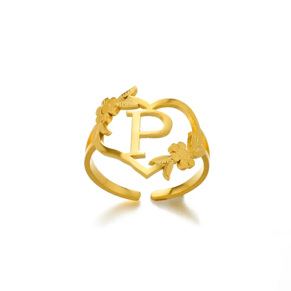 A-Z Ring Initials Flower Heart Rings Stainless Steel Gold Colour Rings for Women Adjustable Simple Opening Couple Rings Jewelry