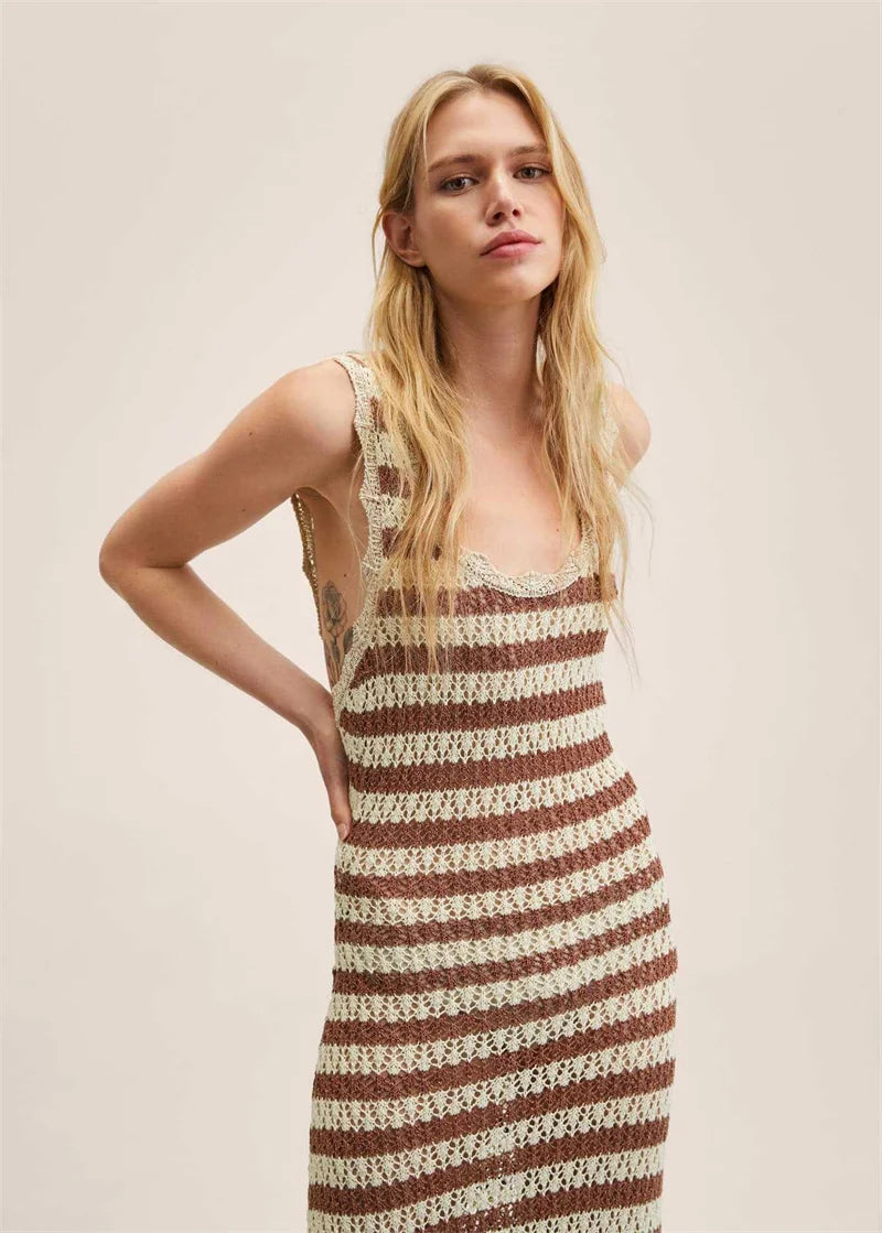 Women's Sleeveless Backless Striped Knit Swimsuit Bikini Cover-Up One-Piece Long Beach Dress Fashion Swimwear