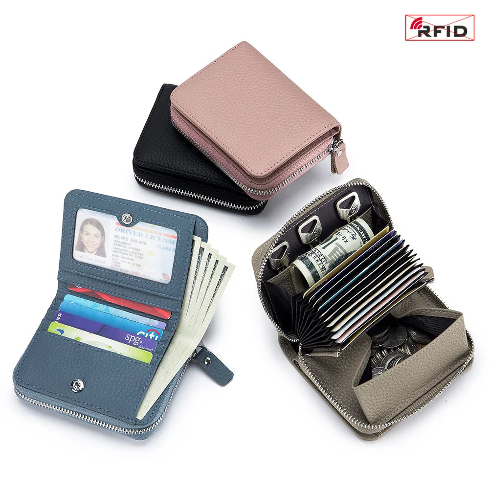Genuine Leather Short Wallet RFID Bank Credit Card Holder First Layer Cowhide Mini Coin Purse Bag Clutch Key Pouch For Men Women