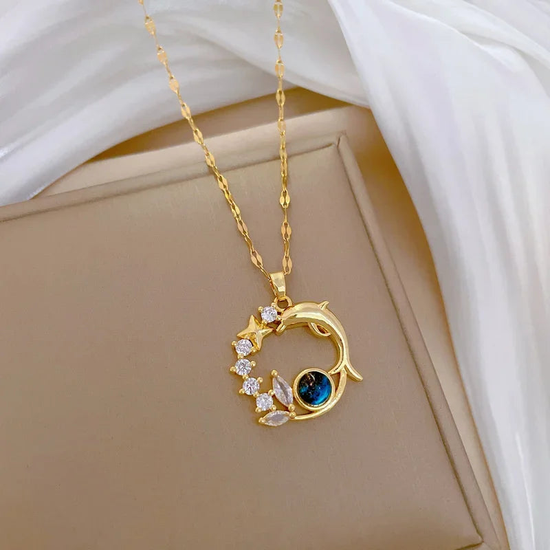 Luxury Inlaid Zircon Planet Moon Pendant Necklace for Women Fashion Star Water Drop Clavicle Chain Charm Jewelry Gift