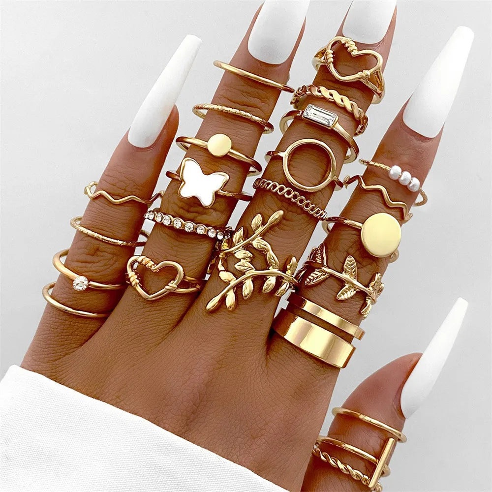 Mixed Vintage Gold Color Metal Rings Set for Women Fashion Geometric Irregular Hollow Spiral Chain Knuckle Finger Ring Jewelry