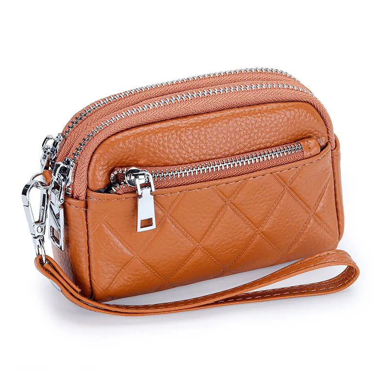 Women Coin Purse Cowhide Large Capacity Three Zipper Multifunction Money Lipstick Pocket Clutch Coin Bag Removable Wrist Strap