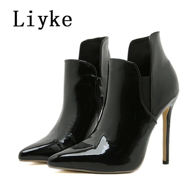 Liyke High Quality Patent Leather Pointed Toe Zip Ankle Boots For Women Spring Autumn Heels Pumps Sexy Party Club Stripper Shoes