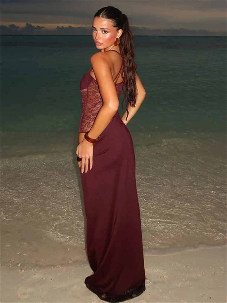 Tossy Lace Printed Halter Dresses Female Backless Slim High Waist Drawstring Fashion Patchwork Party Dress Women's Long Dress