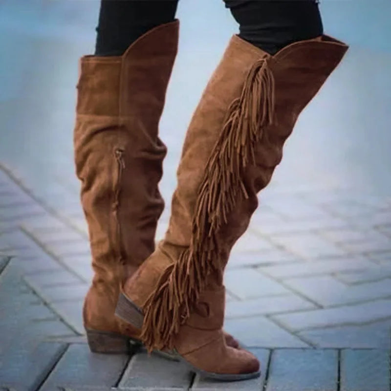 Winter new style long boots with thick heels and large sizes, long tassel boots for women