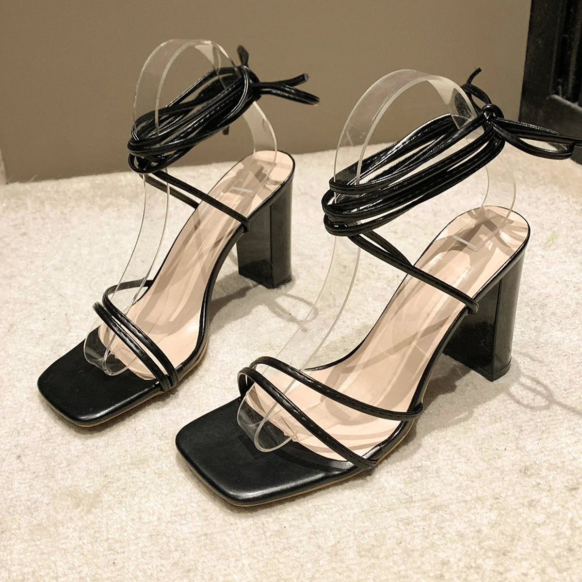 Woman Black Ankle Strap Sandals Woman Leather Pu Cross-Tied High Heels Shoes Sexy Lace Up Party Pumps Shoes Plus Size 43