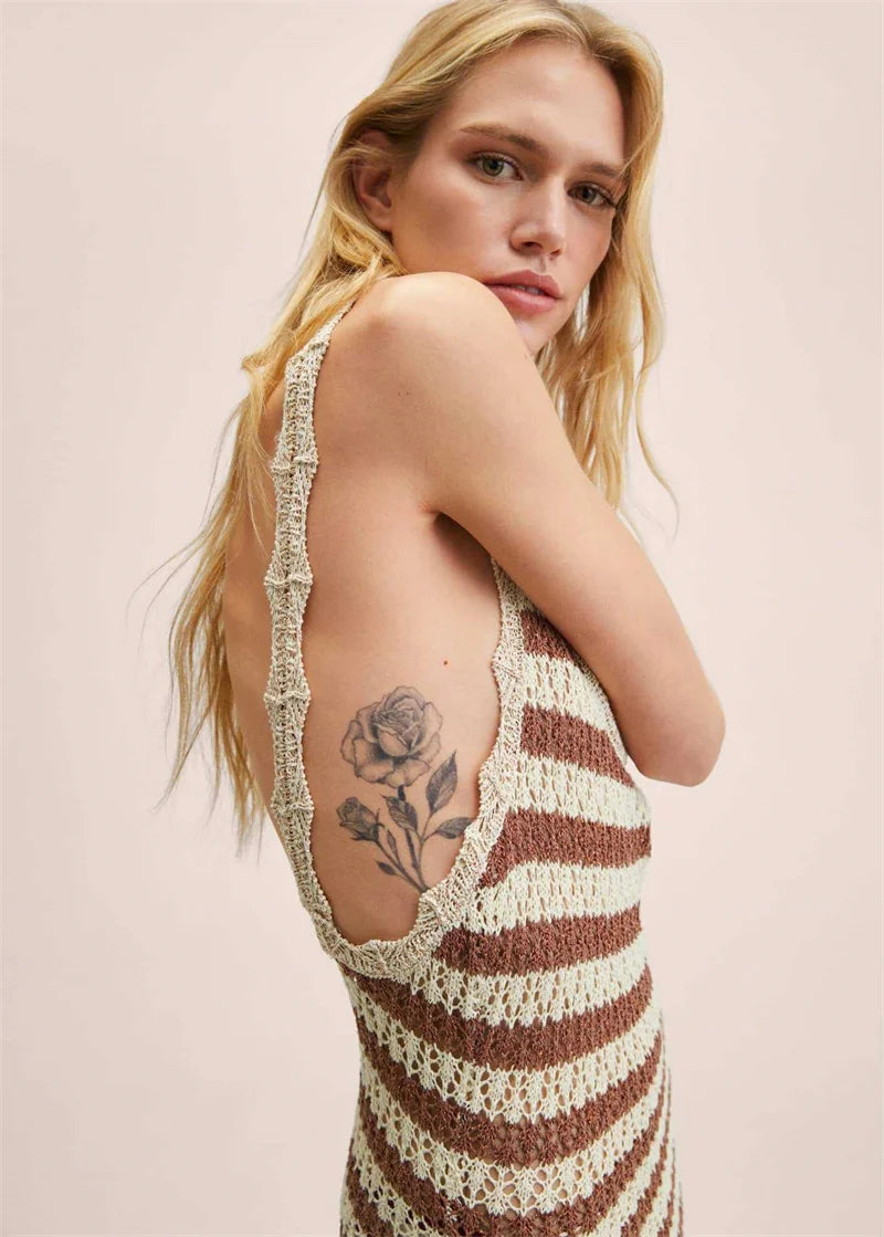 Women's Sleeveless Backless Striped Knit Swimsuit Bikini Cover-Up One-Piece Long Beach Dress Fashion Swimwear