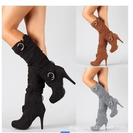 Fashion Womens High-heeled Boots Comfortable Suede Women High Boots New Belt Buckle Large Size Women's Boots 6-8cm Zapatos Mujer