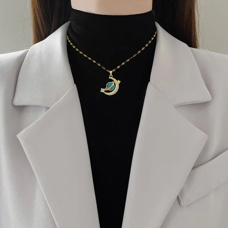 Luxury Inlaid Zircon Planet Moon Pendant Necklace for Women Fashion Star Water Drop Clavicle Chain Charm Jewelry Gift