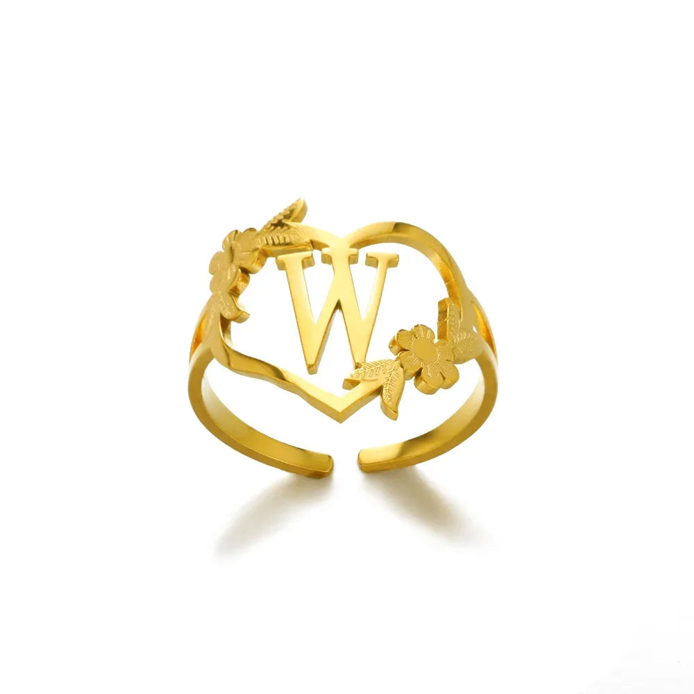 A-Z Ring Initials Flower Heart Rings Stainless Steel Gold Colour Rings for Women Adjustable Simple Opening Couple Rings Jewelry